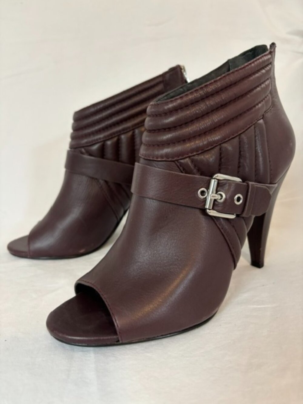 Sigerson Morrison Myla Peep Toe Moto Bootie Dark Brown Leather Buckle & Strap 8B